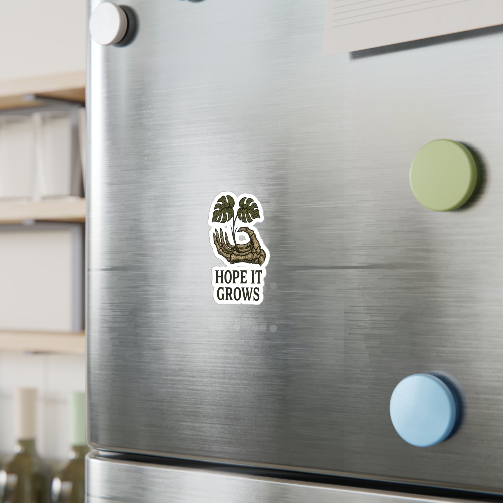 Hope It Grows Sticker — Plant & Skeleton Hand Kiss-Cut Vinyl Decal